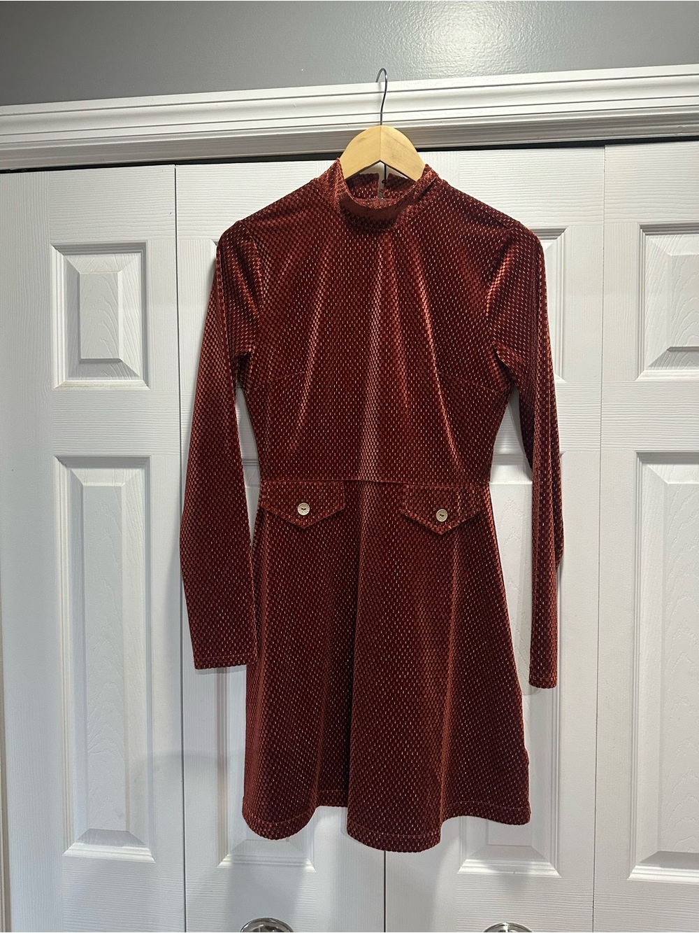 Unique Vintage Rust Orange Velvet Long Sleeve Mock Neck Mini Dress size medium
